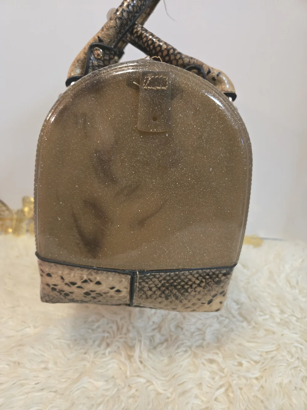 Glitter Dome Satchel in Taupe with Snake-Print Trim